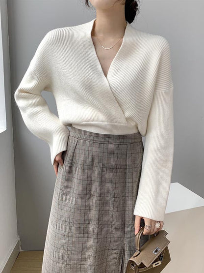 Stylish 6 Colors Knitting V-Neck Asymmetric Sweater