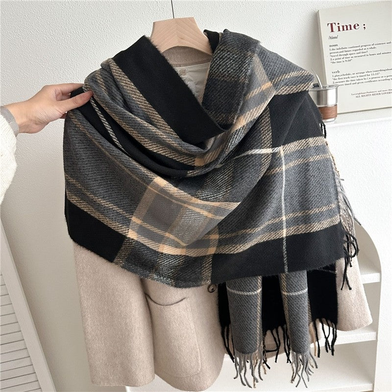 Color Block Plaid Fringe Scarf
