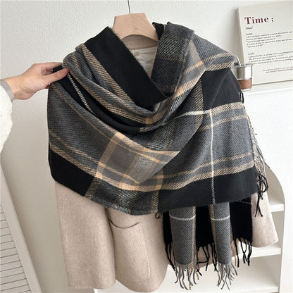 Color Block Plaid Fringe Scarf
