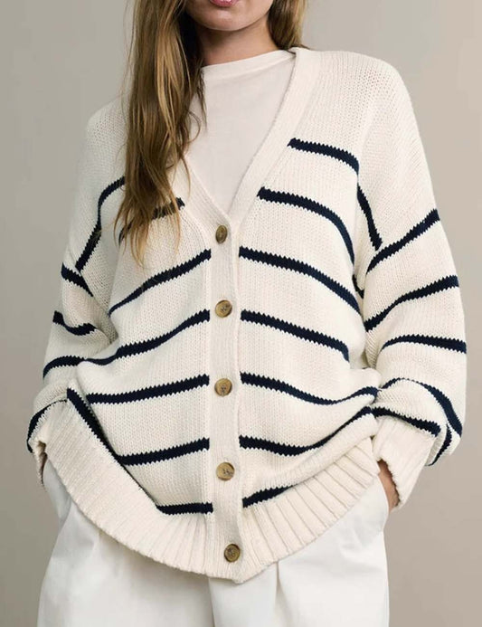 Striped V-Neck Color Block Button Down Cardigan