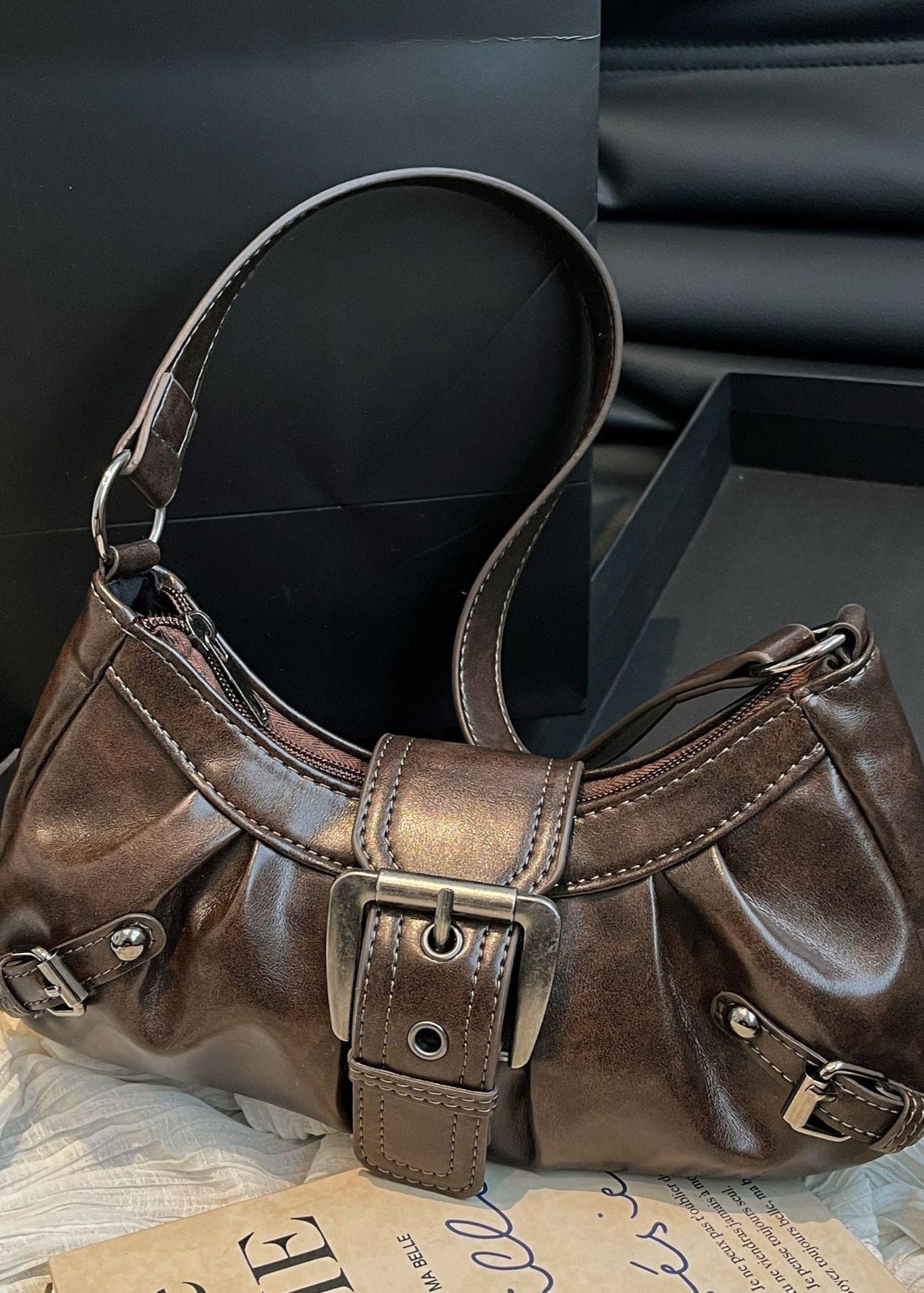 Vintage Buckle Shoulder Bag Faux Leather Coffee Brown