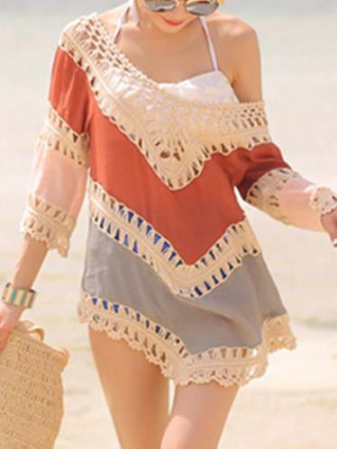 Beach Vacation Hollow 3/4 Sleeve Mask Cover-Ups