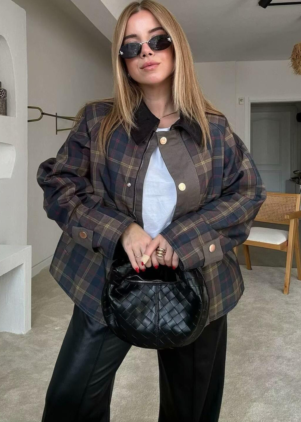 Plaid Oversized Jacket Structured Comfortable Fabric