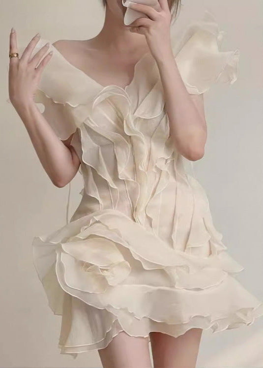 Ruffled Organza Mini Dress With Asymmetrical Neckline