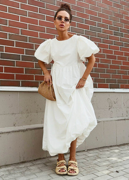 Puff Sleeve Maxi Dress Lightweight White