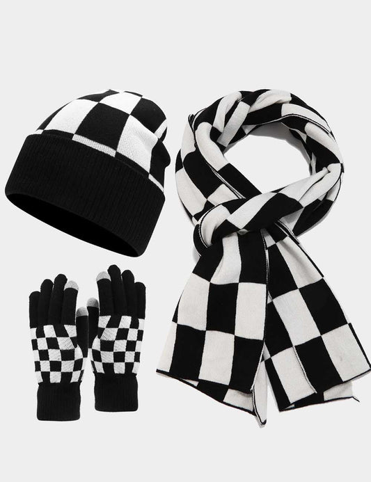 Winter Plaid Warm Hat Scarf Gloves Outdoor Sets
