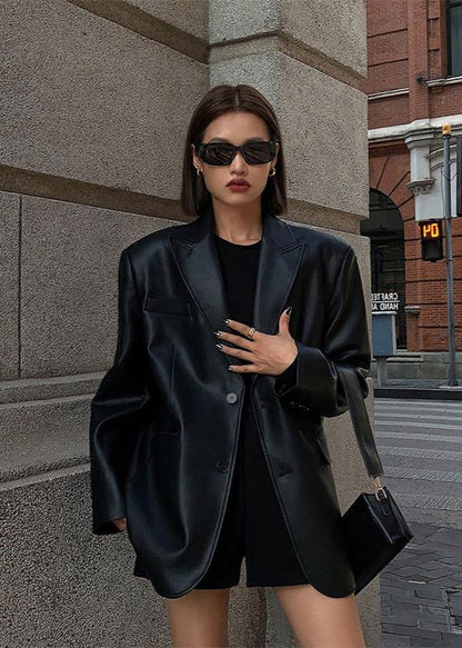 Black Faux Leather Blazer With Structured Fit