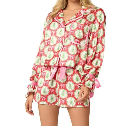2-Pcs Bow Tie Long Sleeve Shorts Pajamas Sets