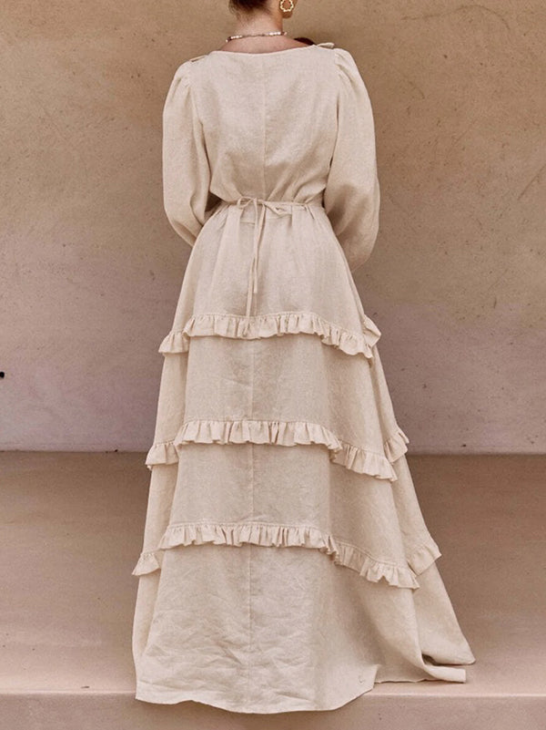 A-Line Long Sleeves Buttoned Elasticity Pleated Ruffle Trim Solid Color Split-Joint Tied Waist Deep V-Neck Maxi Dresses