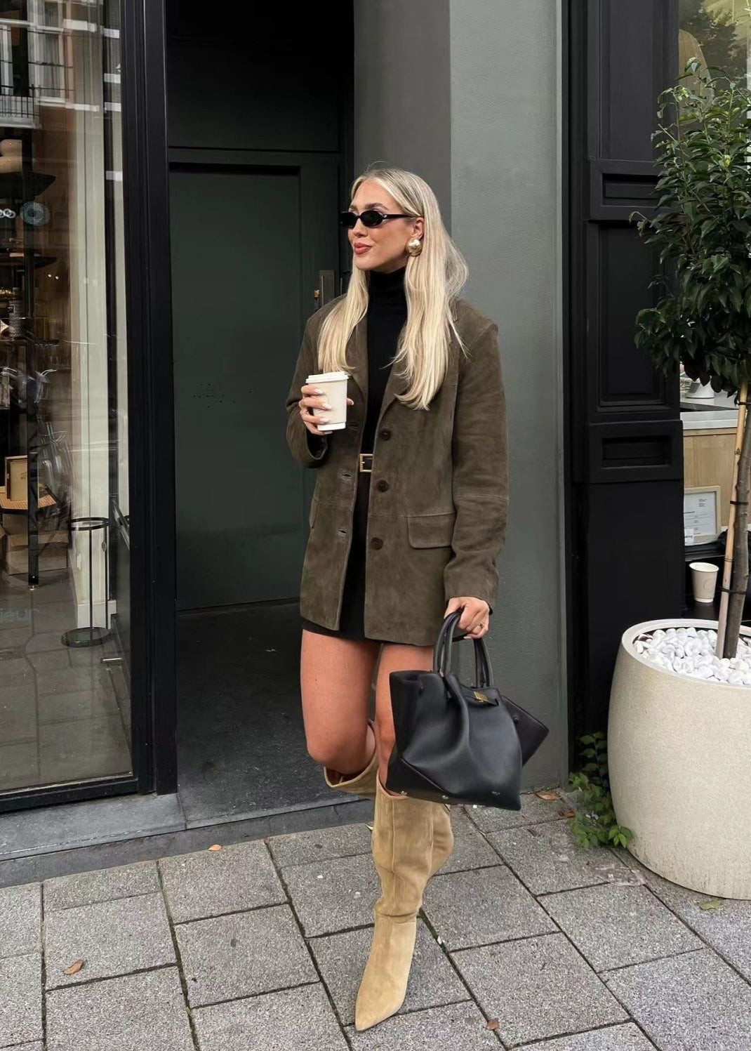 Faux Suede Tailored Blazer In Deep Olive