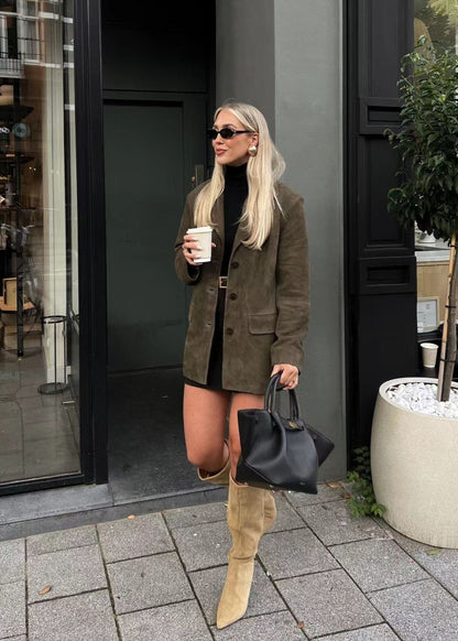 Faux Suede Tailored Blazer In Deep Olive