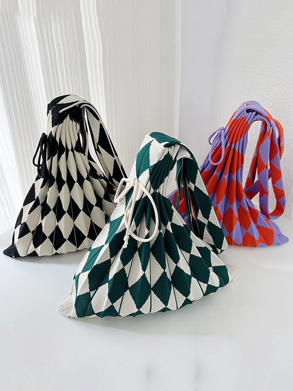 Contrast Color Drawstring Pleated Rhombus Woven Handbags