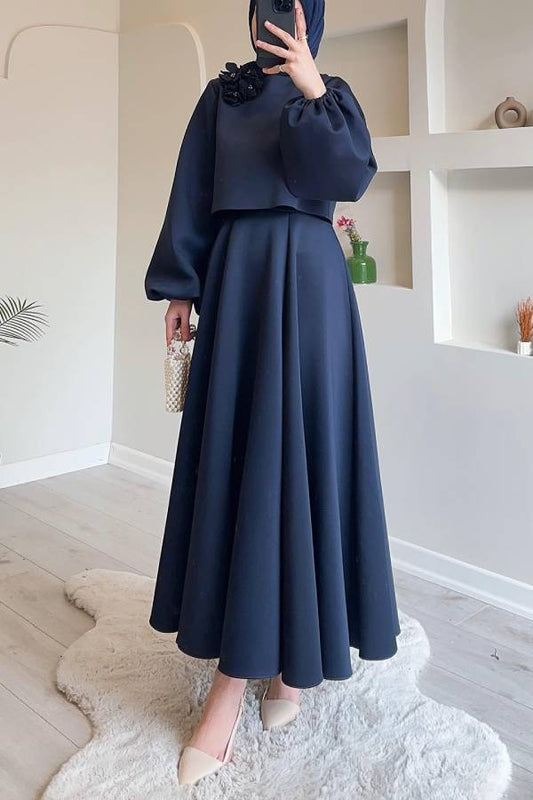 Three-Dimensional Floral Puff Sleeve Top + Long Swing Maxi Skirt Two-Piece Set