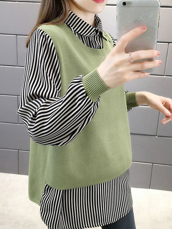 Original Loose Split-Joint 5 Colors Striped Round-Neck Long Sleeves False Two Sweater Top