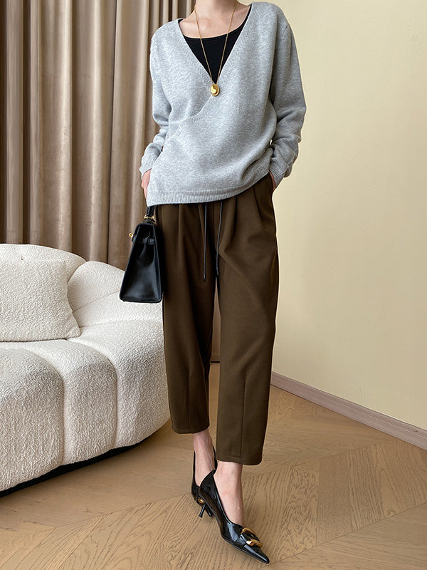 Long Sleeves Loose Asymmetric Buttoned V-Neck Cardigan Tops