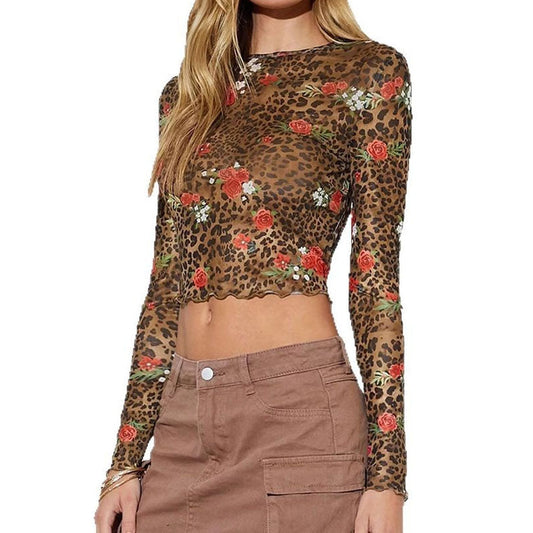 Leopard Print Round Neck Long Sleeve Blouse