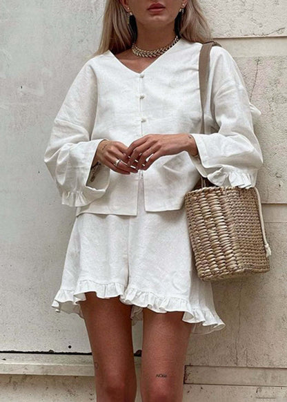 Two Piece Cotton Linen Set With Ruffle Trim