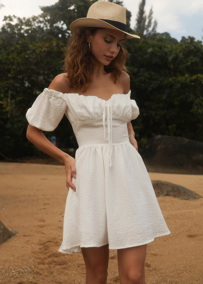 Off Shoulder Puff Sleeve Mini Dress Cotton Blend