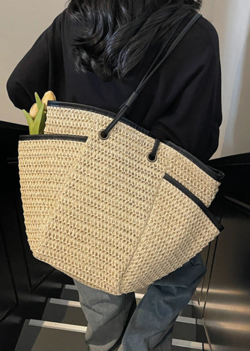 Woven Straw Tote Bag with Contrast Trim