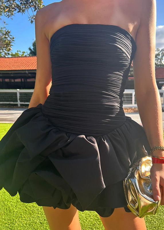 Strapless Ruched Bubble Mini Dress Black White