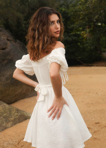 Off Shoulder Puff Sleeve Mini Dress Cotton Blend