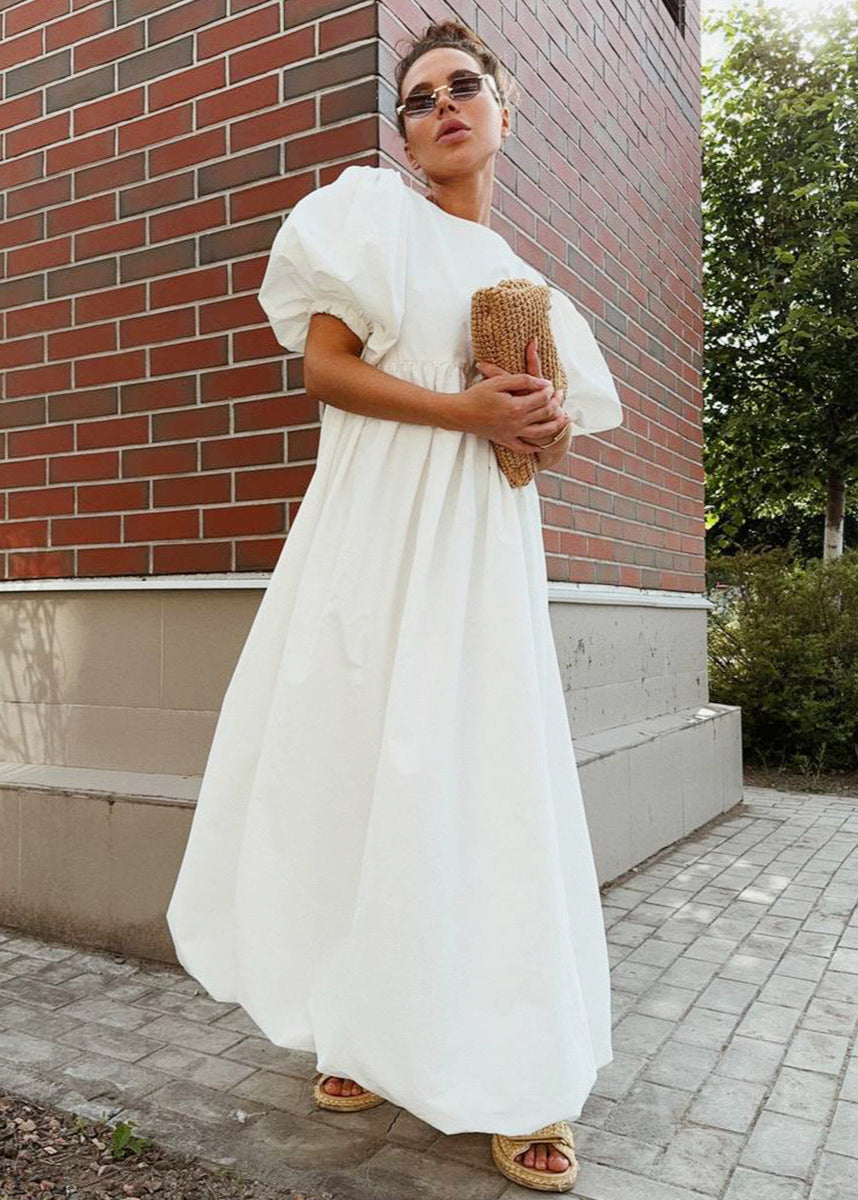 Puff Sleeve Maxi Dress Lightweight White