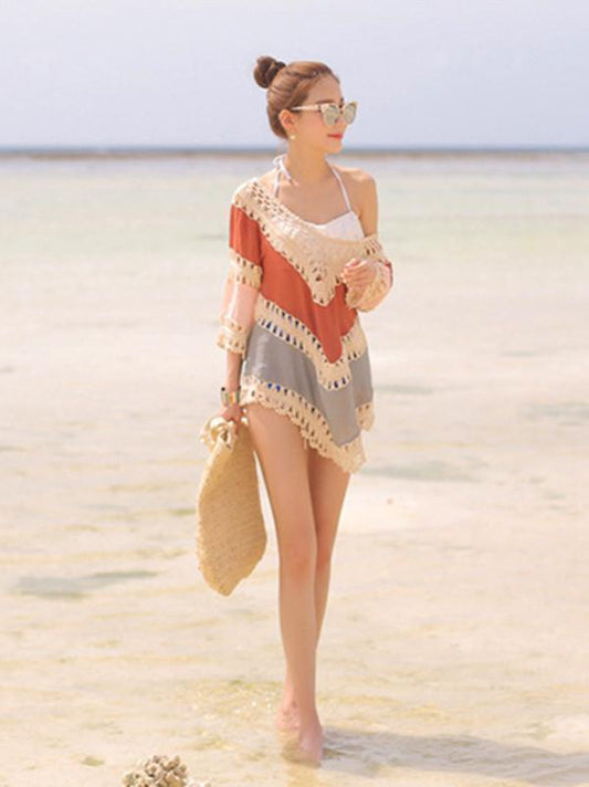 Beach Vacation Hollow 3/4 Sleeve Mask Cover-Ups