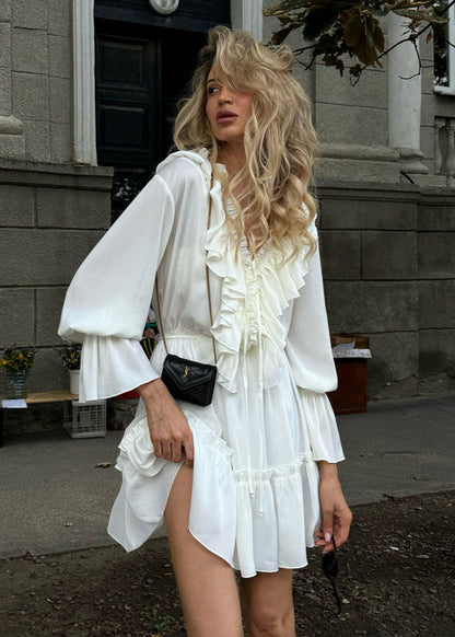 Ruffled Long Sleeve Mini Dress Lightweight Fabric