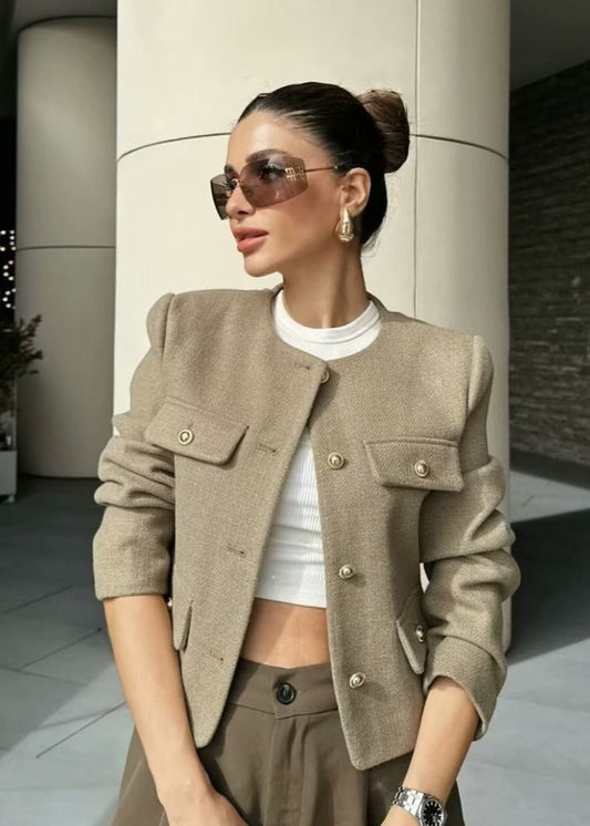 Tweed Cropped Jacket With Gold Button Accents