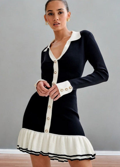 Contrast Trim Knit Dress With Ruffle Hem
