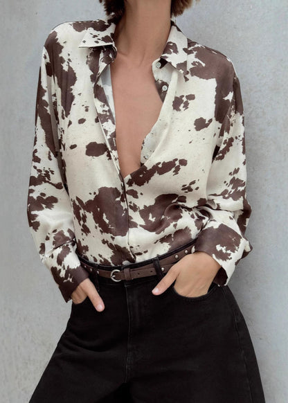 Satin Cow Print Button Up Shirt With Relaxed Fit