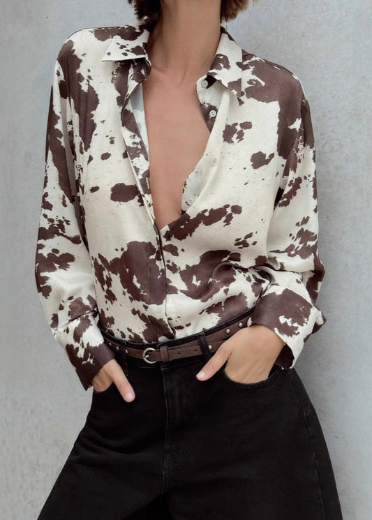 Satin Cow Print Button Up Shirt With Relaxed Fit