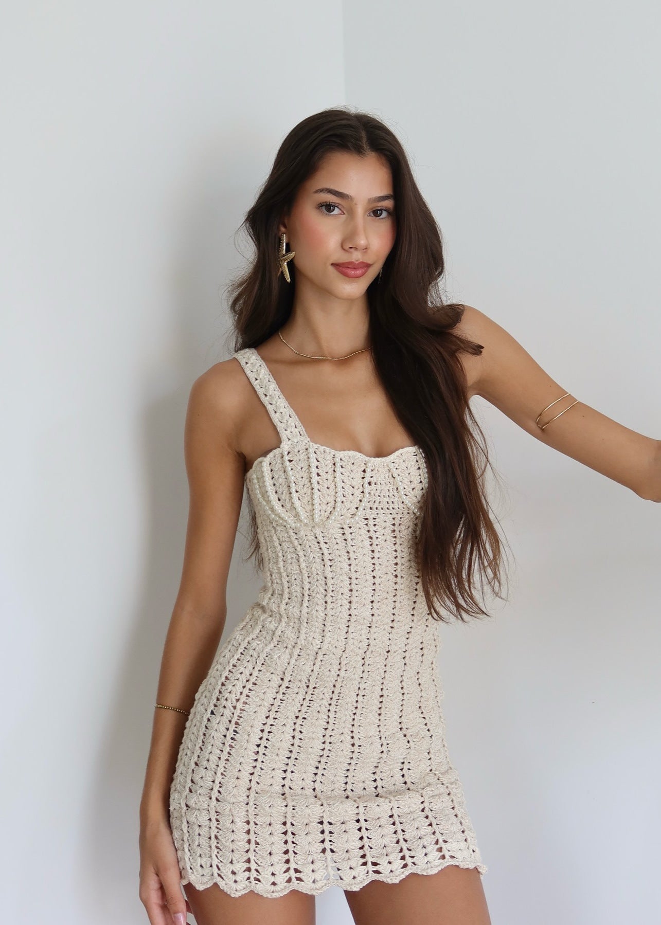 Crochet Knit Bodycon Mini Dress In Apricot