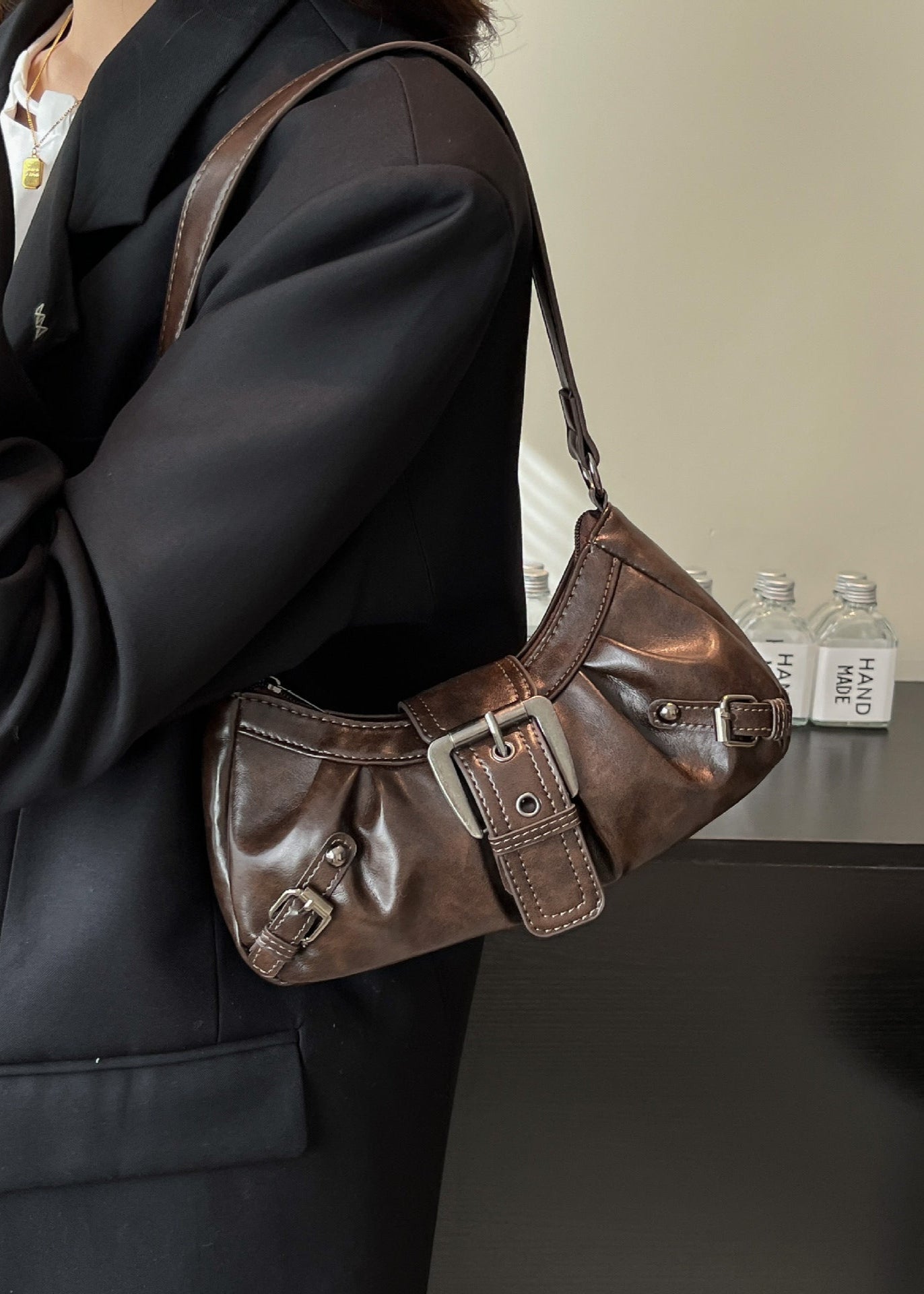 Vintage Buckle Shoulder Bag Faux Leather Coffee Brown