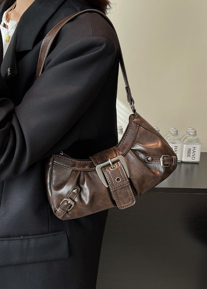 Vintage Buckle Shoulder Bag Faux Leather Coffee Brown