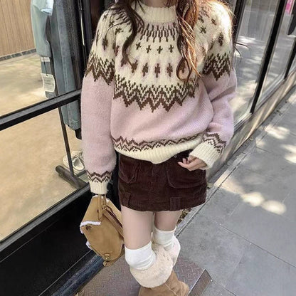 Fair Isle Sweater Women Pink Round Neck Knit Top Winter
