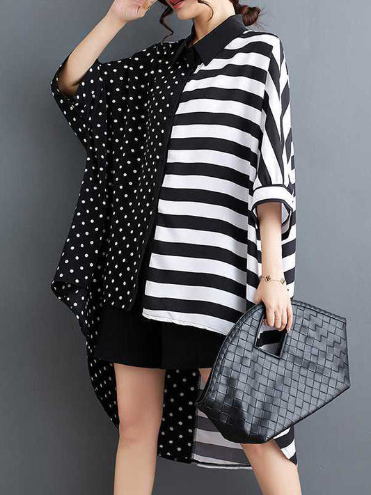 Batwing Sleeves Half Sleeves Buttoned Polka-Dot Striped Lapel Blouses&Shirts Tops