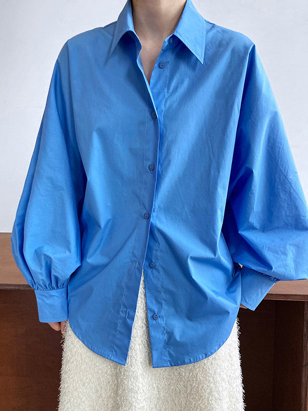 Long Sleeves Loose Buttoned Pleated Solid Color Lapel Blouses&Shirts Tops