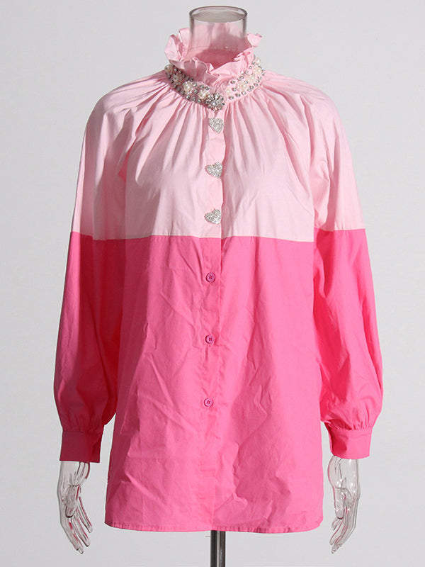 Long Sleeves Loose Buttoned Contrast Color Rhine Stones Mock Neck Blouses&Shirts Tops