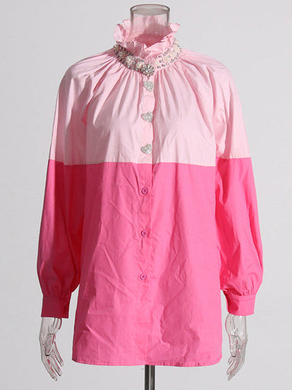 Long Sleeves Loose Buttoned Contrast Color Rhine Stones Mock Neck Blouses&Shirts Tops