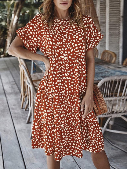 Women Loose O-Neck Short Sleeve Dots Print Mini Dresses