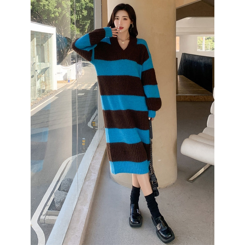 Stylish Loose Striped V-Neck Sweater Dresses