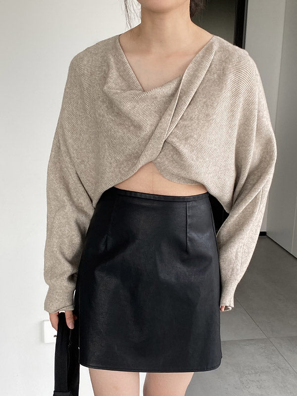 Batwing Sleeves Long Sleeves Knot Solid Color V-Neck Pullovers Sweater Tops