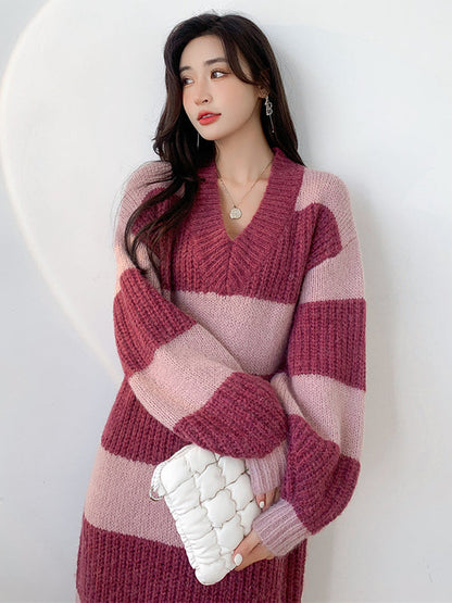 Stylish Loose Striped V-Neck Sweater Dresses