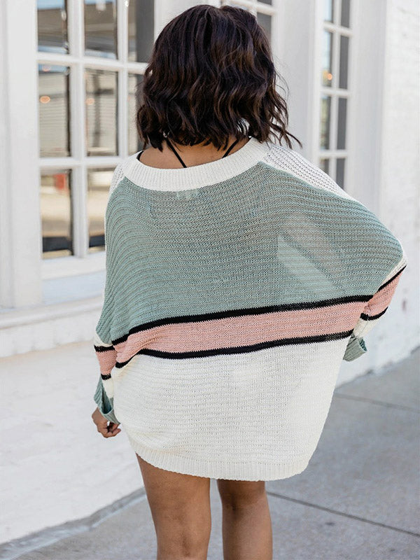 Casual Loose Contrast Color Striped Round-Neck Sweater Tops