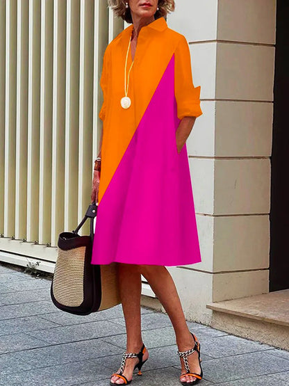 Contrast Lapel Midi Short Dresses Polyester Cotton