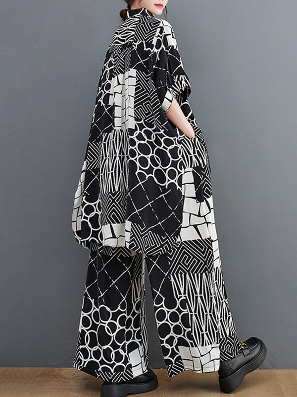 Oversize Short Sleeves Printed Lapel Pants Shirts Tops Two Pieces Set