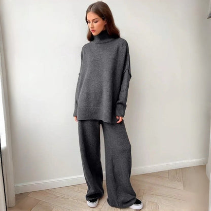 Loose High Neck Knit Sweater Pants Set