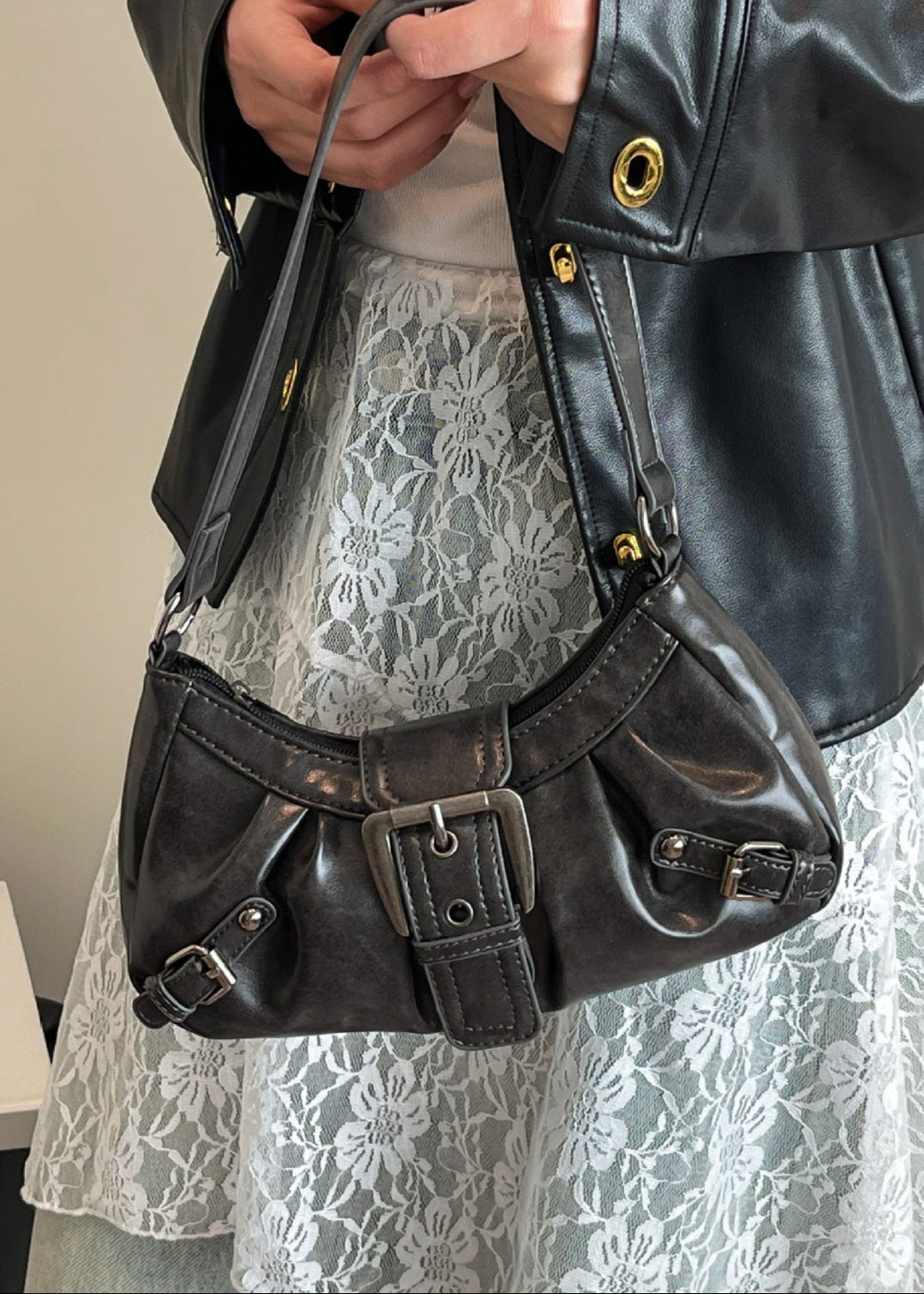 Vintage Buckle Shoulder Bag Faux Leather Coffee Brown