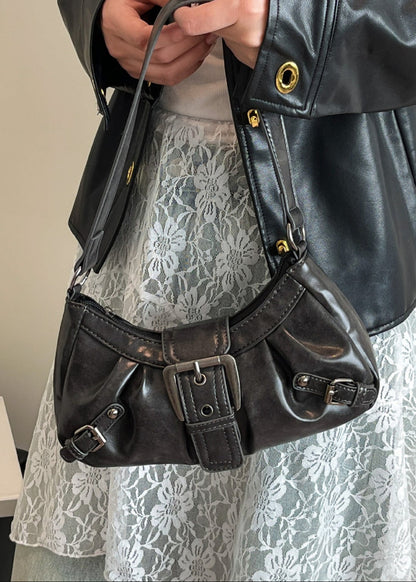 Vintage Buckle Shoulder Bag Faux Leather Coffee Brown